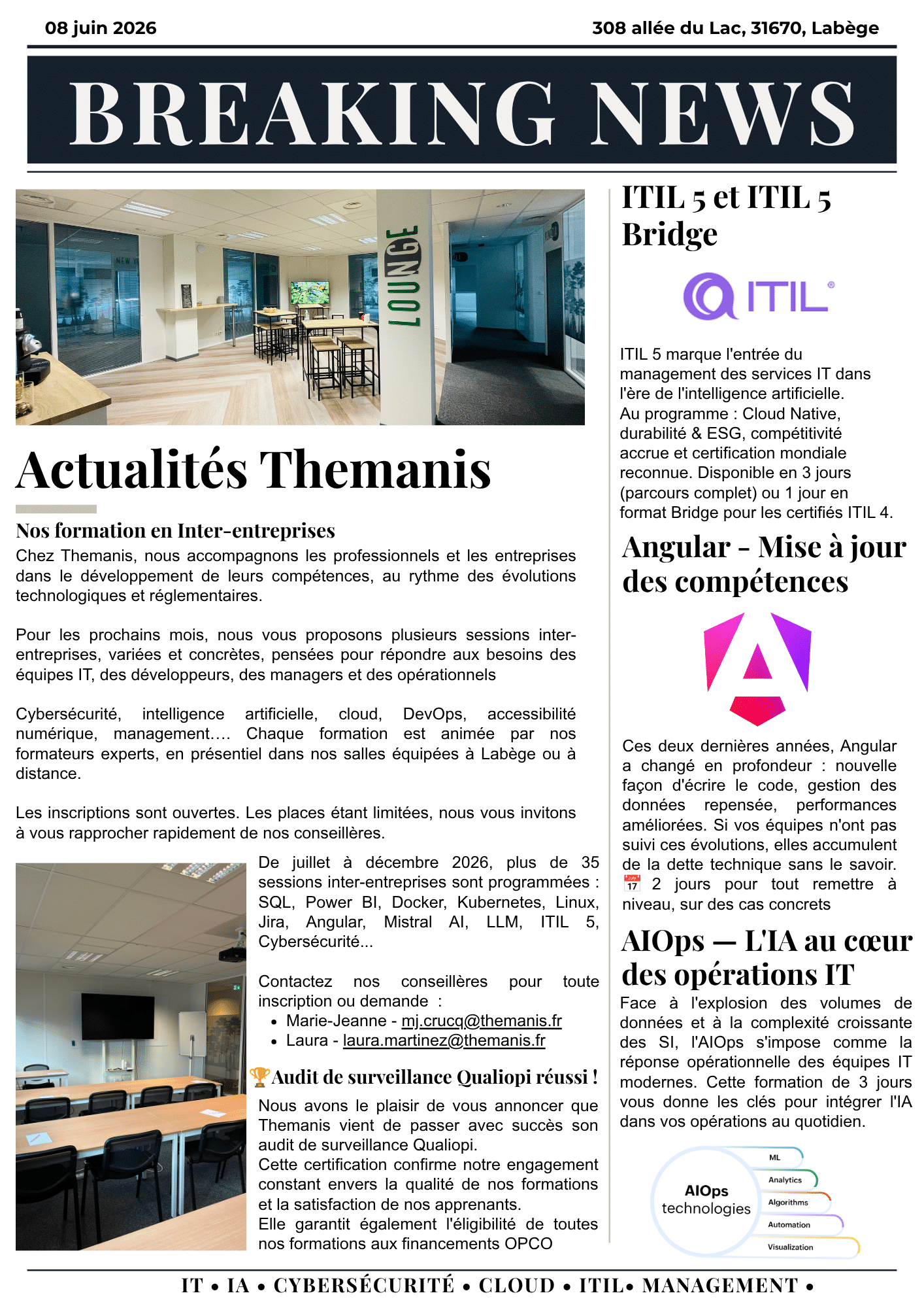 Affiche des actualités Themanis de juin 2026 : renouvellement Qualiopi, nouvelles formations ITIL 5, Angular et AIOps, et programme inter-entreprises à Labège